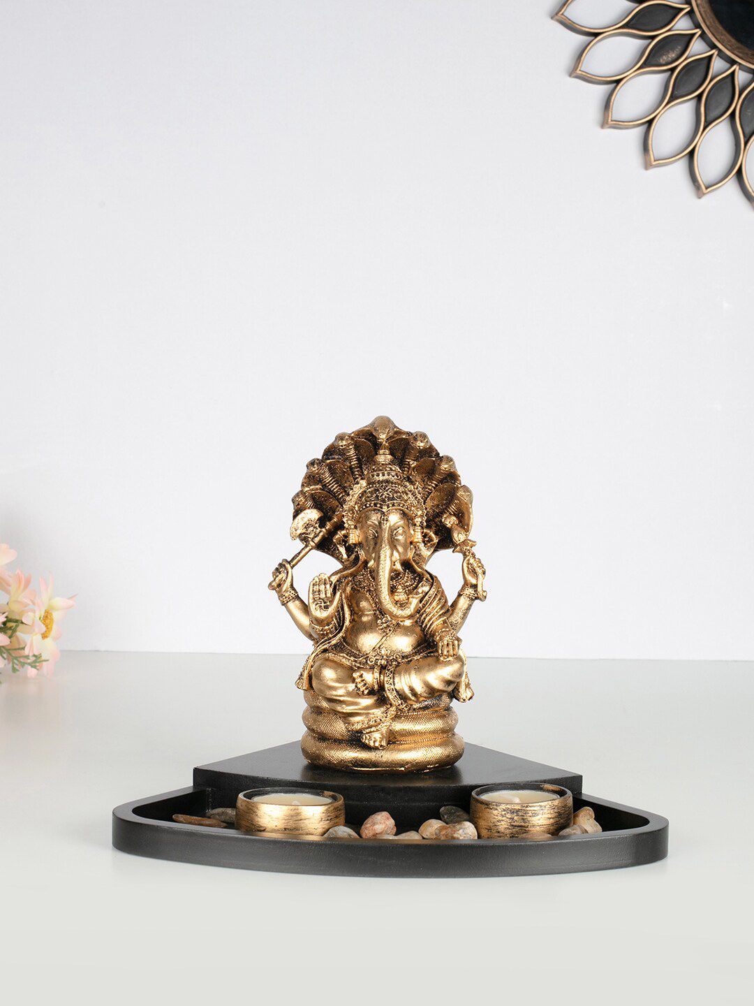 HomeTown Gold-Toned Sheshnaag Ganesha Figurine Cum T-Light Holder Showpieces Price in India