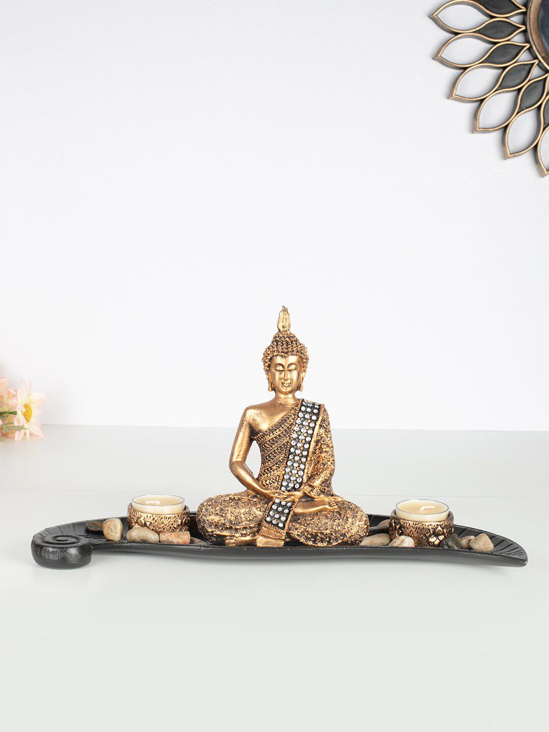 HomeTown Gold-Toned Buddha Figurine Cum T-Light Holder Showpiece Price in India
