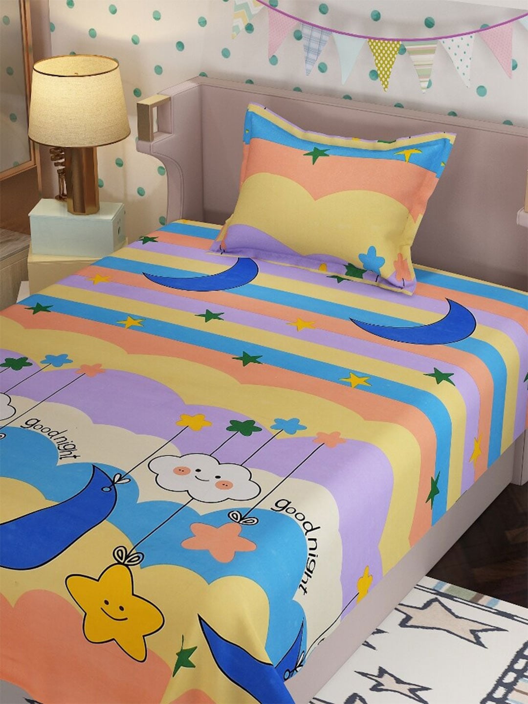 Molly & Michel Yellow & Pink Graphic 210 TC Single Bedsheet with 1 Pillow Covers Price in India