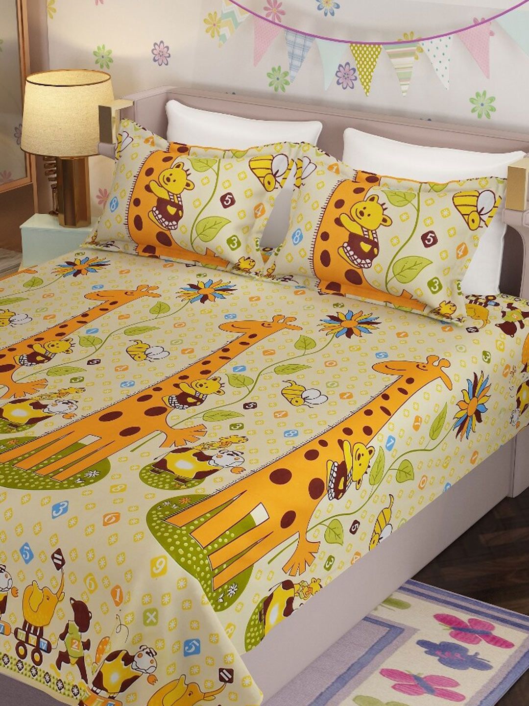 Molly & Michel Yellow & Orange Cartoon Characters 210 TC Queen Bedsheet with 2 Pillow Covers Price in India