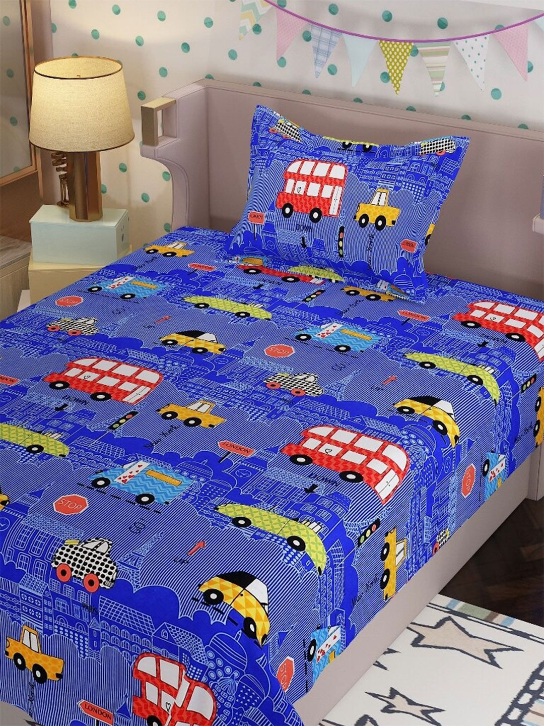Molly & Michel Blue & White Graphic 210 TC Single Bedsheet with 1 Pillow Covers Price in India