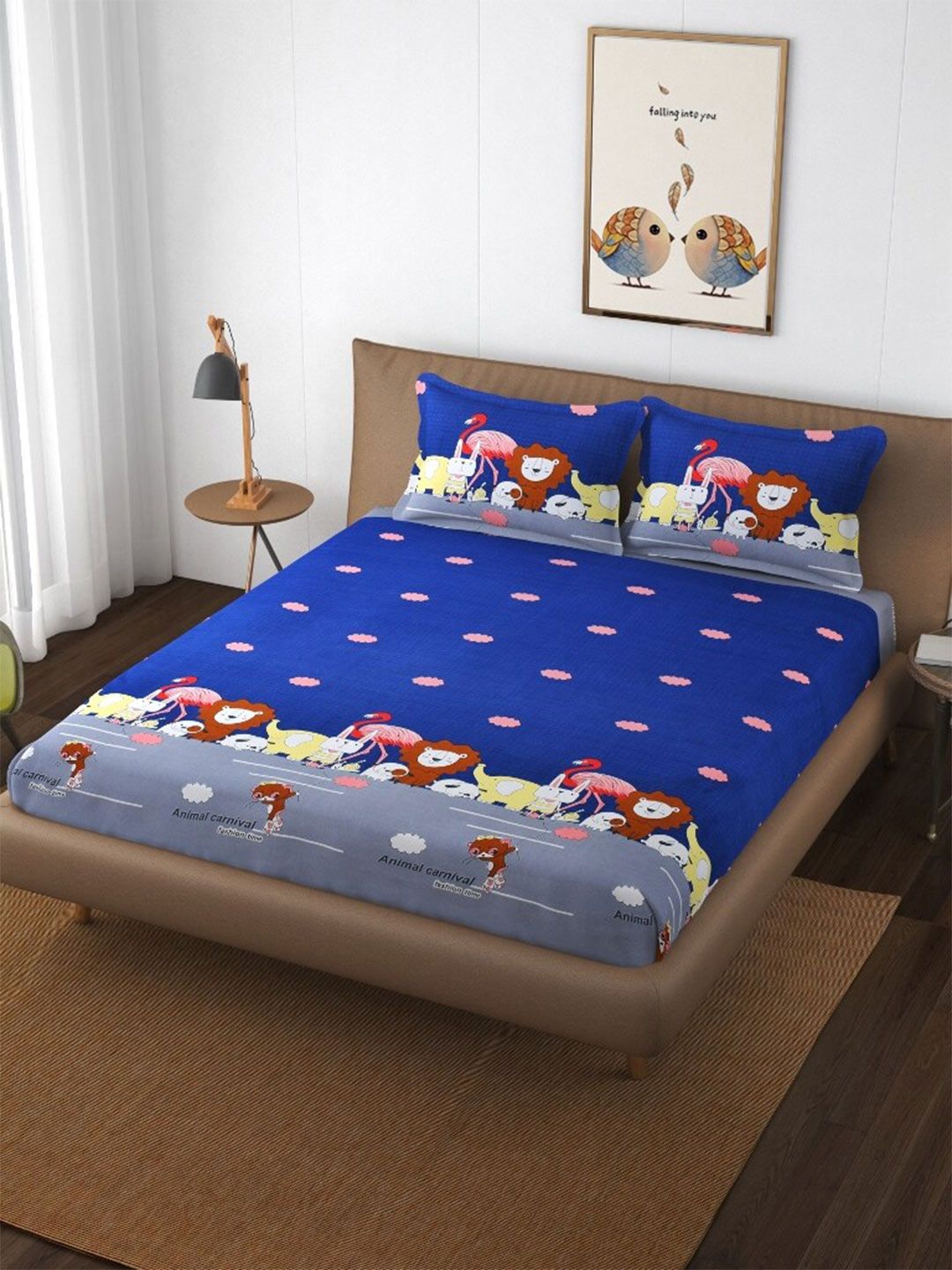 Molly & Michel Blue & Yellow Printed 210 TC Cotton Queen Bedsheet with 2 Pillow Covers Price in India