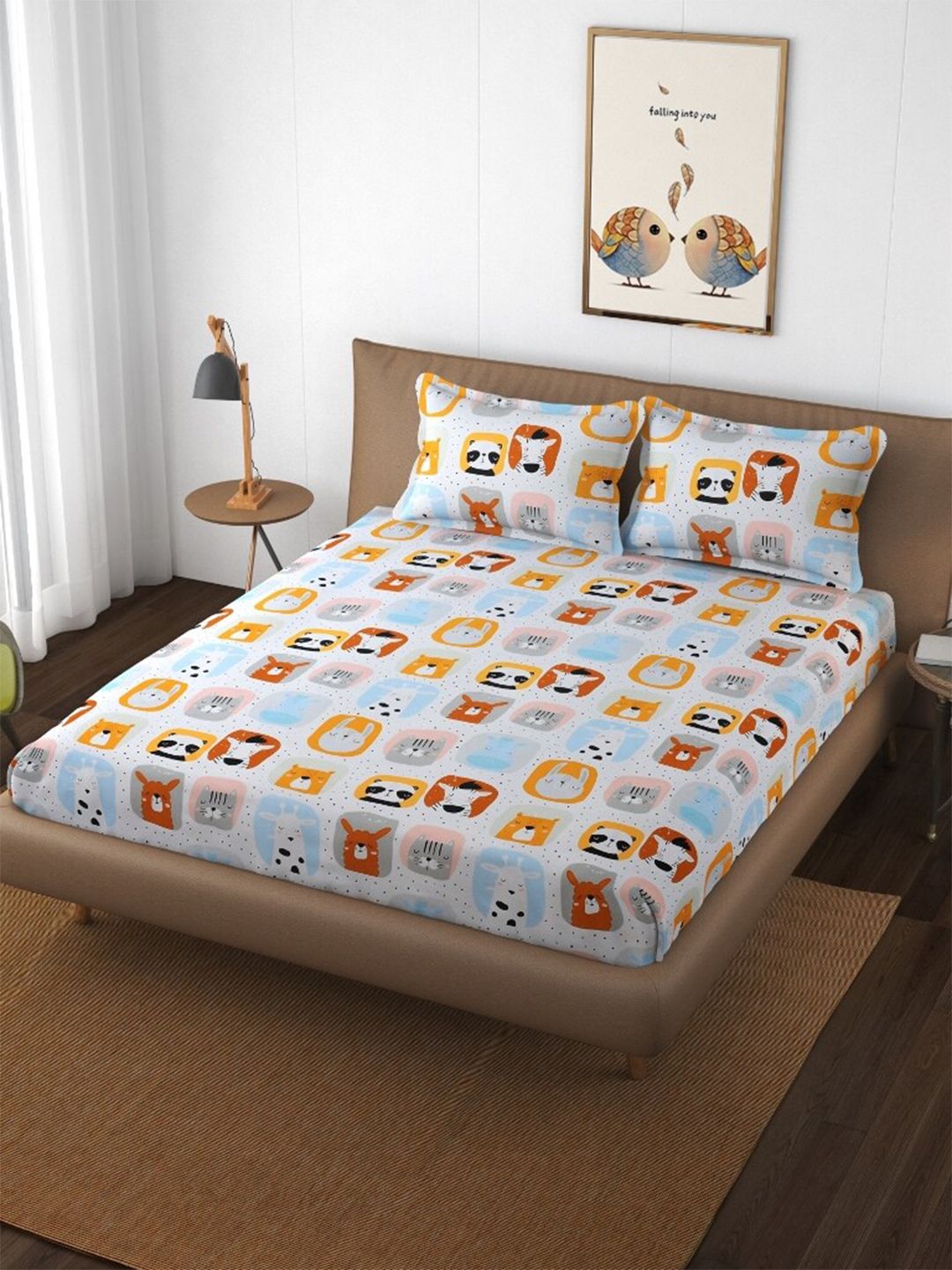 Molly & Michel White & Blue Cartoon Characters 210 TC Queen Bedsheet with 2 Pillow Covers Price in India