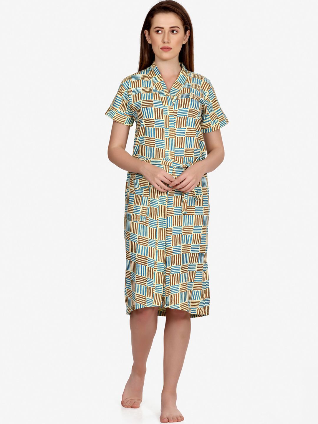 Sand Dune Women Green & Blue Printed Pure Terry Cotton Bath Robe Price in India
