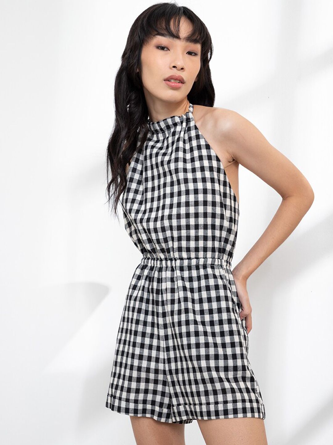 ORIGIN BY ZALORA White & Black Linen Halter Neck Checked Jumpsuit Price in India