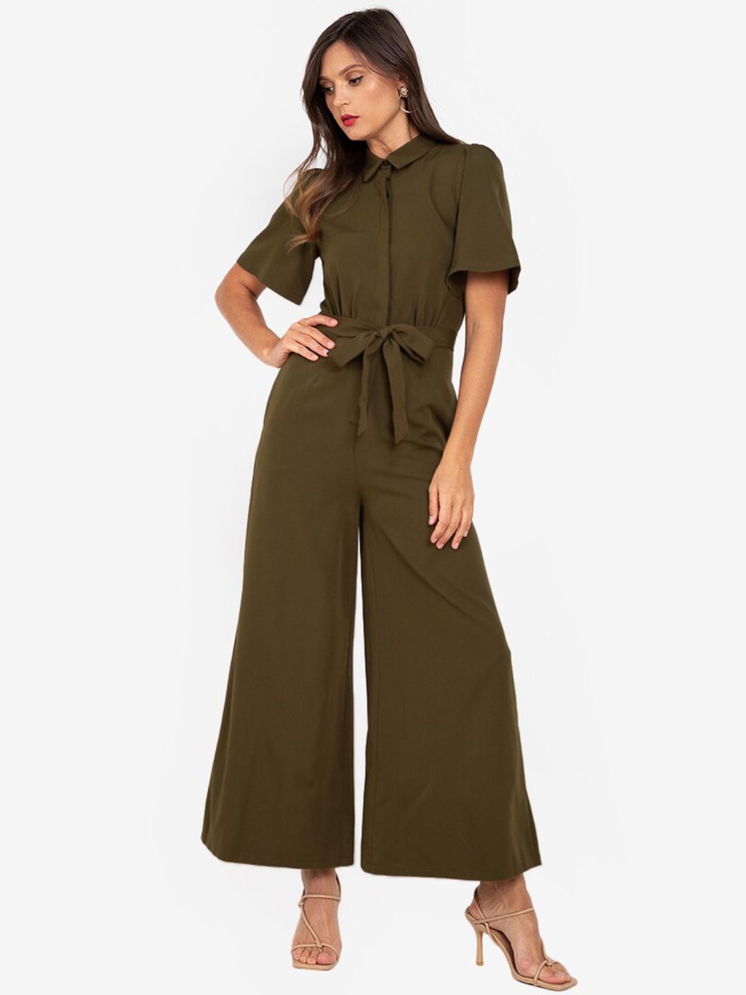 ZALORA WORK Women Olive Green Solid Shirt Collar Basic Jumpsuit Price in India