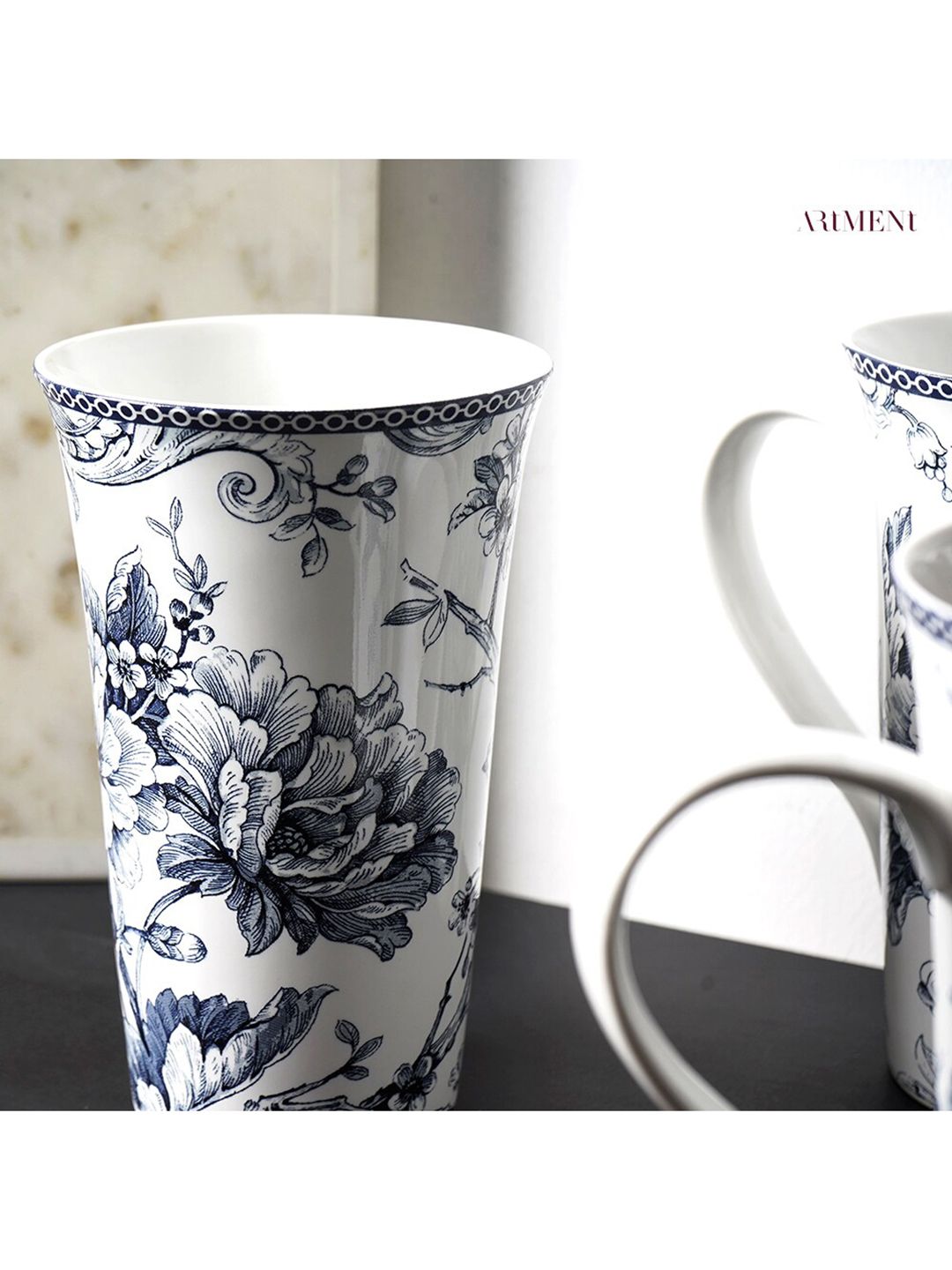 THE ARTMENT White & Navy Blue Printed Ceramic Vintage Victorian Kraak Mug Price in India