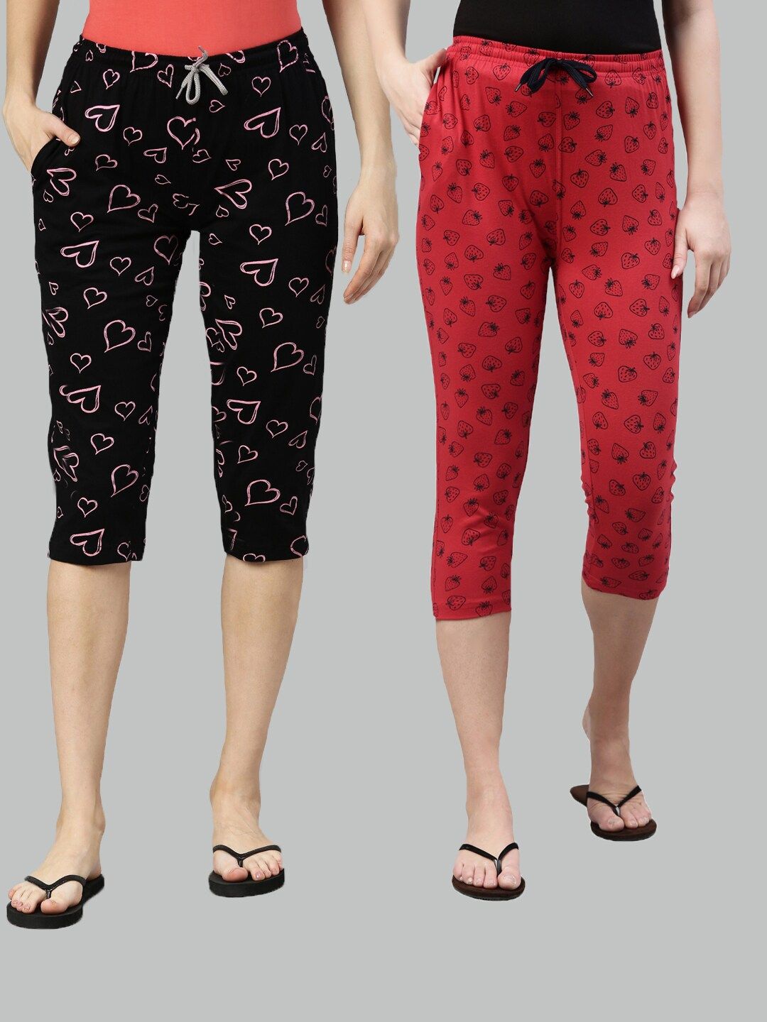 Kryptic Women Black & Red Set Of 2 Printed Cotton Lounge Capris Price in India