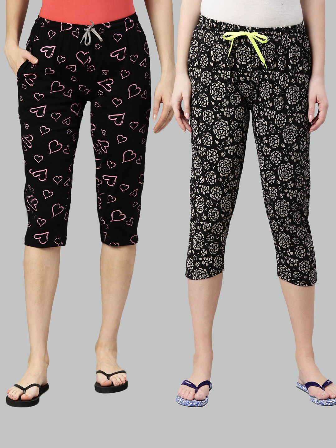 Kryptic Women Pack of 2 Black Printed Pure Cotton Lounge Capris Price in India