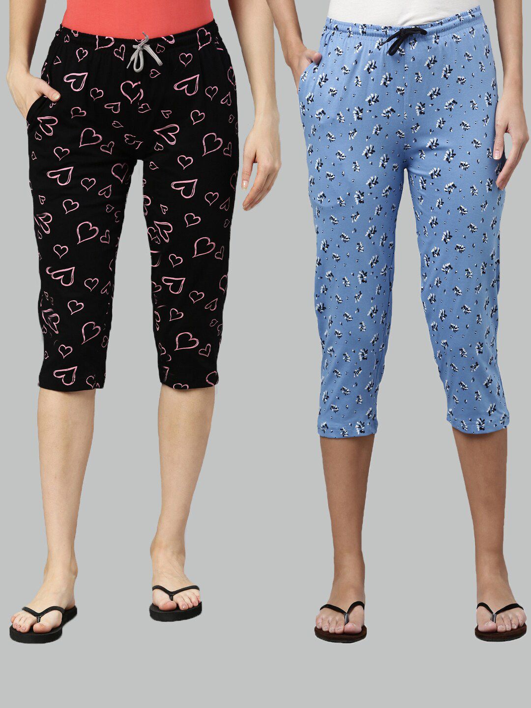 Kryptic Women Pack of 2 Black & Blue Printed Cotton Lounge Capris Price in India