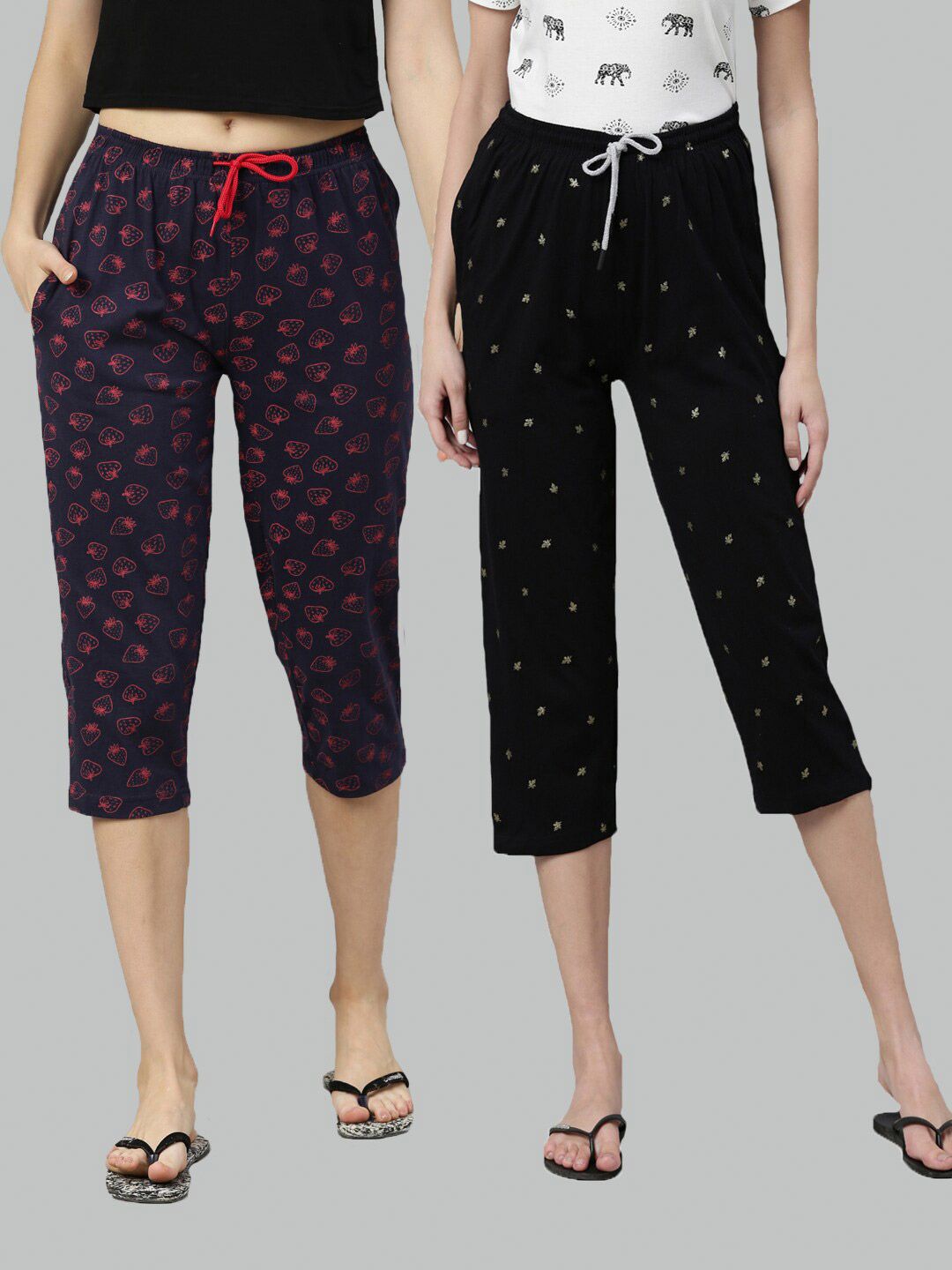 Kryptic Women Pack of 2 Navy Blue & Black Printed Pure Cotton Lounge Capris Price in India