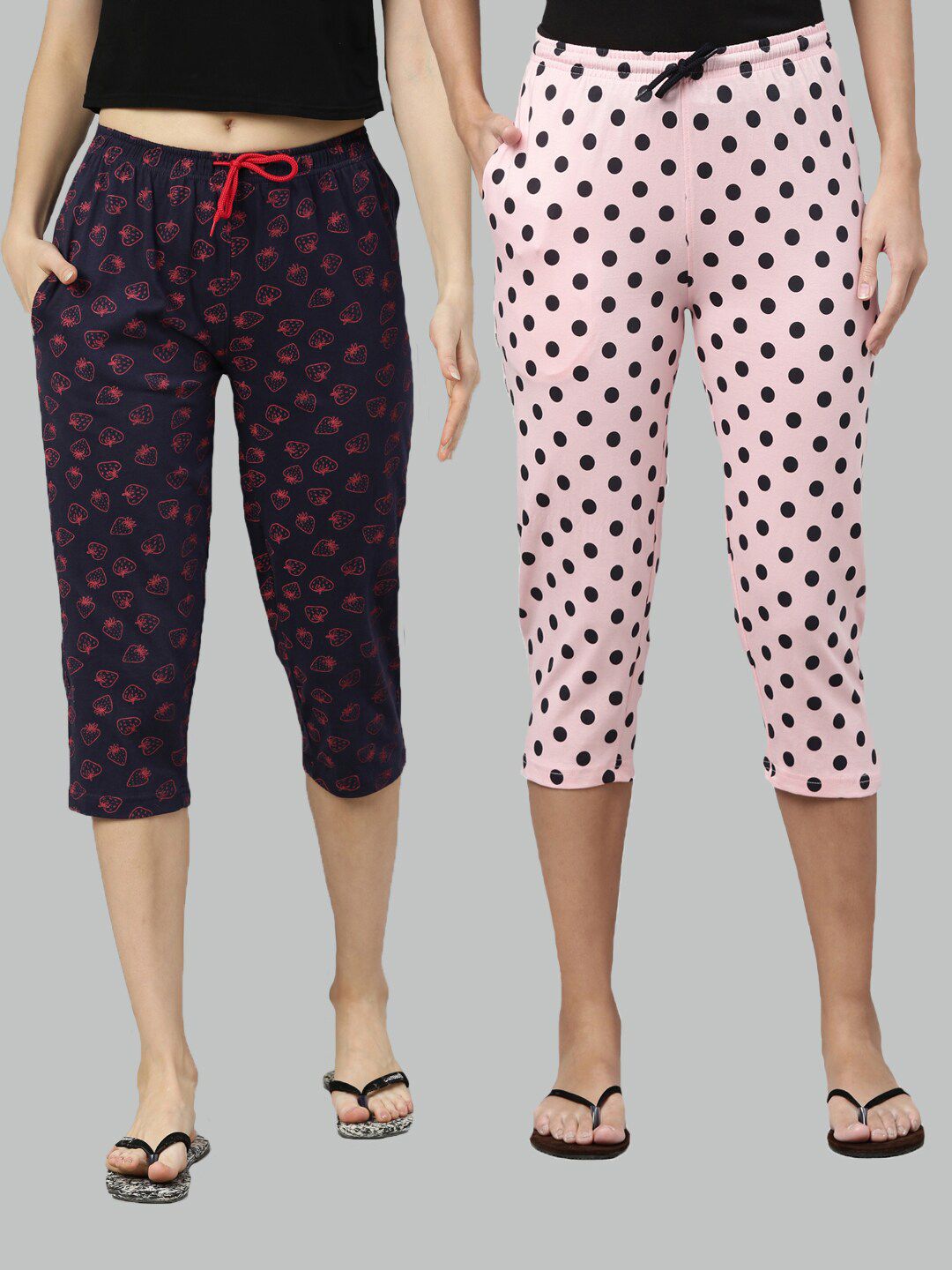 Kryptic Women Pack of 2 Navy Blue & Pink Printed Cotton Lounge Capris Price in India