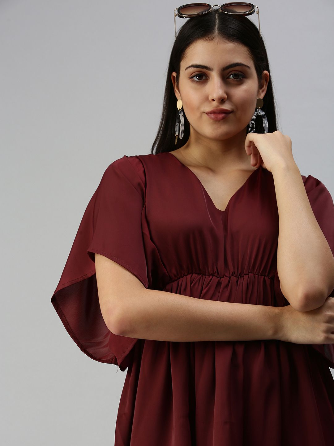 SHOWOFF Maroon Crepe A-Line Dress Price in India