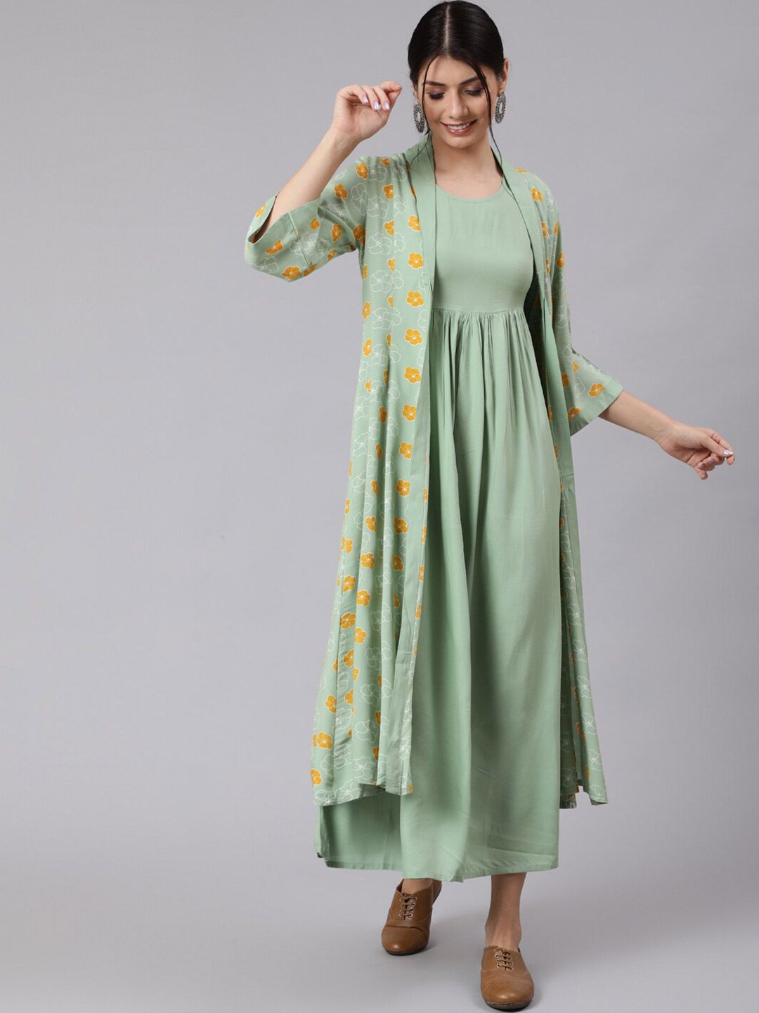 Awadhi Green & Yellow Floral Maxi Dress Price in India