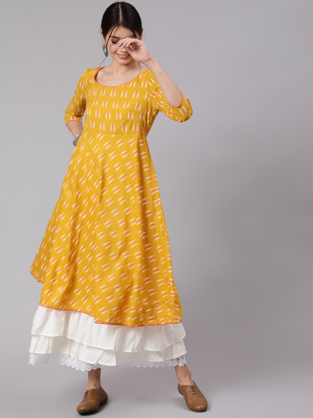 Awadhi Yellow Ethnic Motifs Layered Ethnic Maxi Dress Price in India