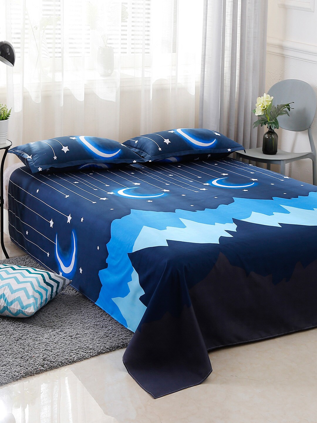 JC Collection Navy Blue & White Printed Double Queen Bedding Set Price in India
