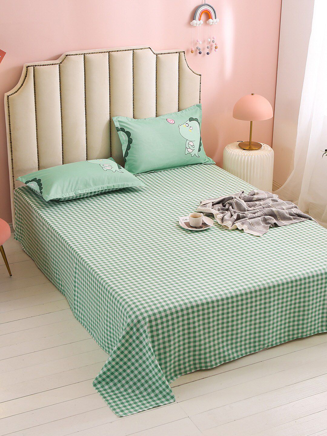 JC Collection Green & White Printed Double King Bedding Set With Quilt Price in India