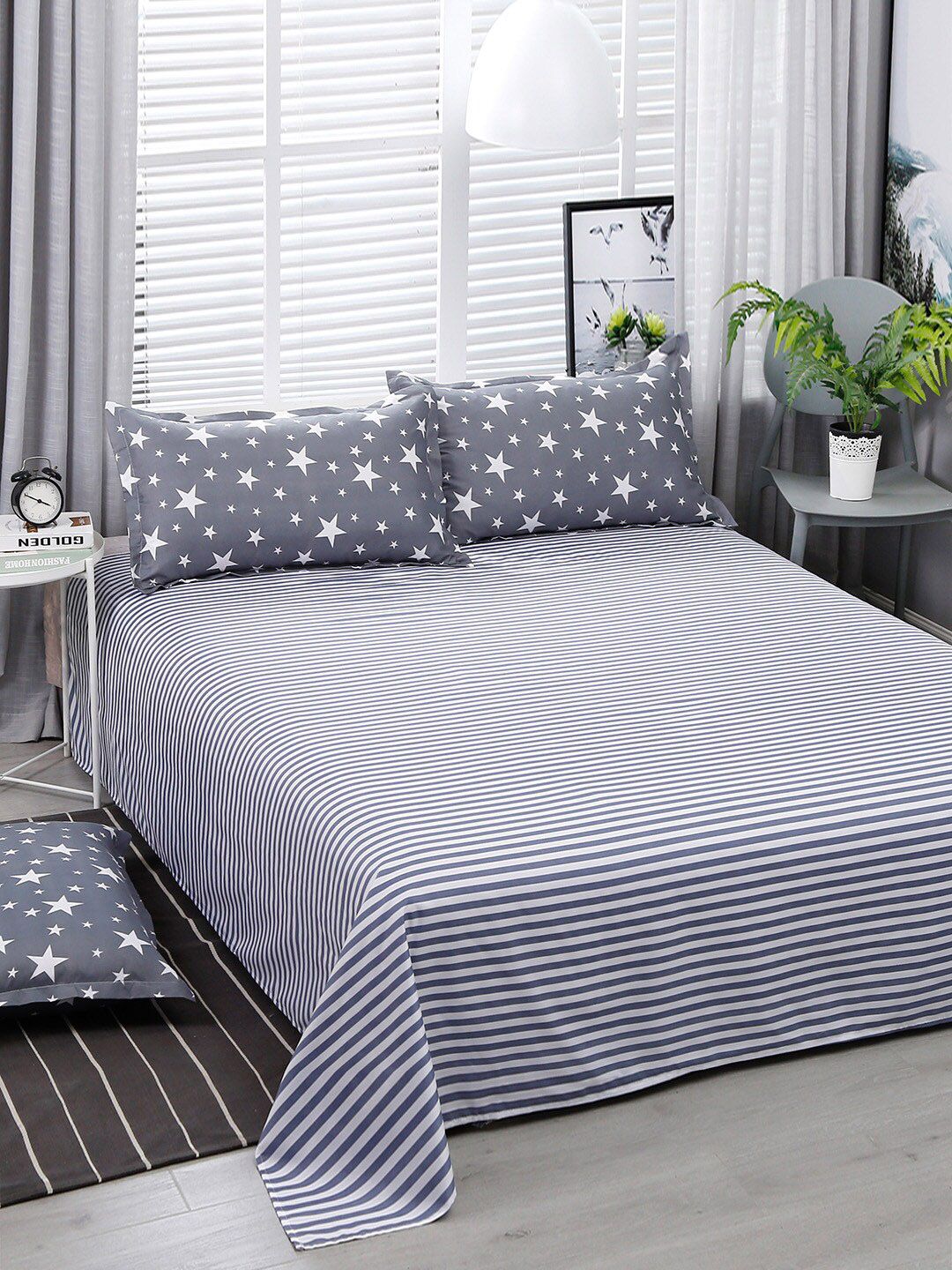 JC Collection Grey & White Striped Double King Bedding Set Price in India