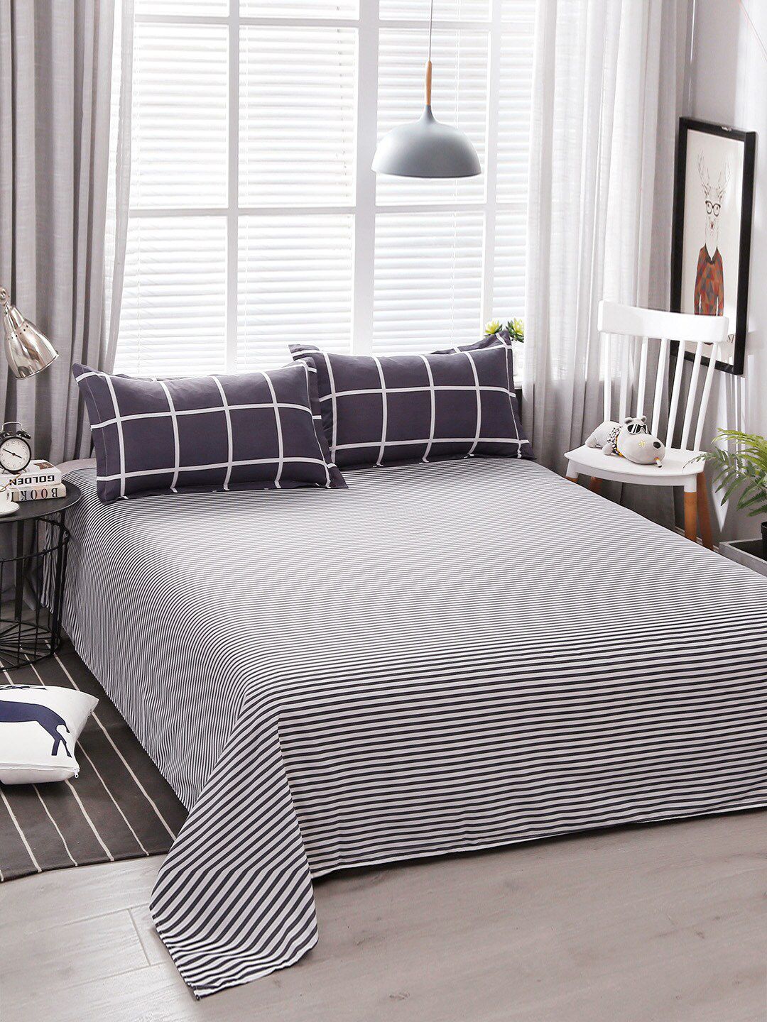 JC Collection Black & White Checked Double Queen Bedding Set Price in India