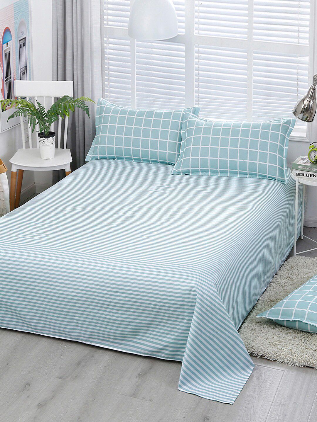 JC Collection Blue Checked Double King Bedding Set Price in India