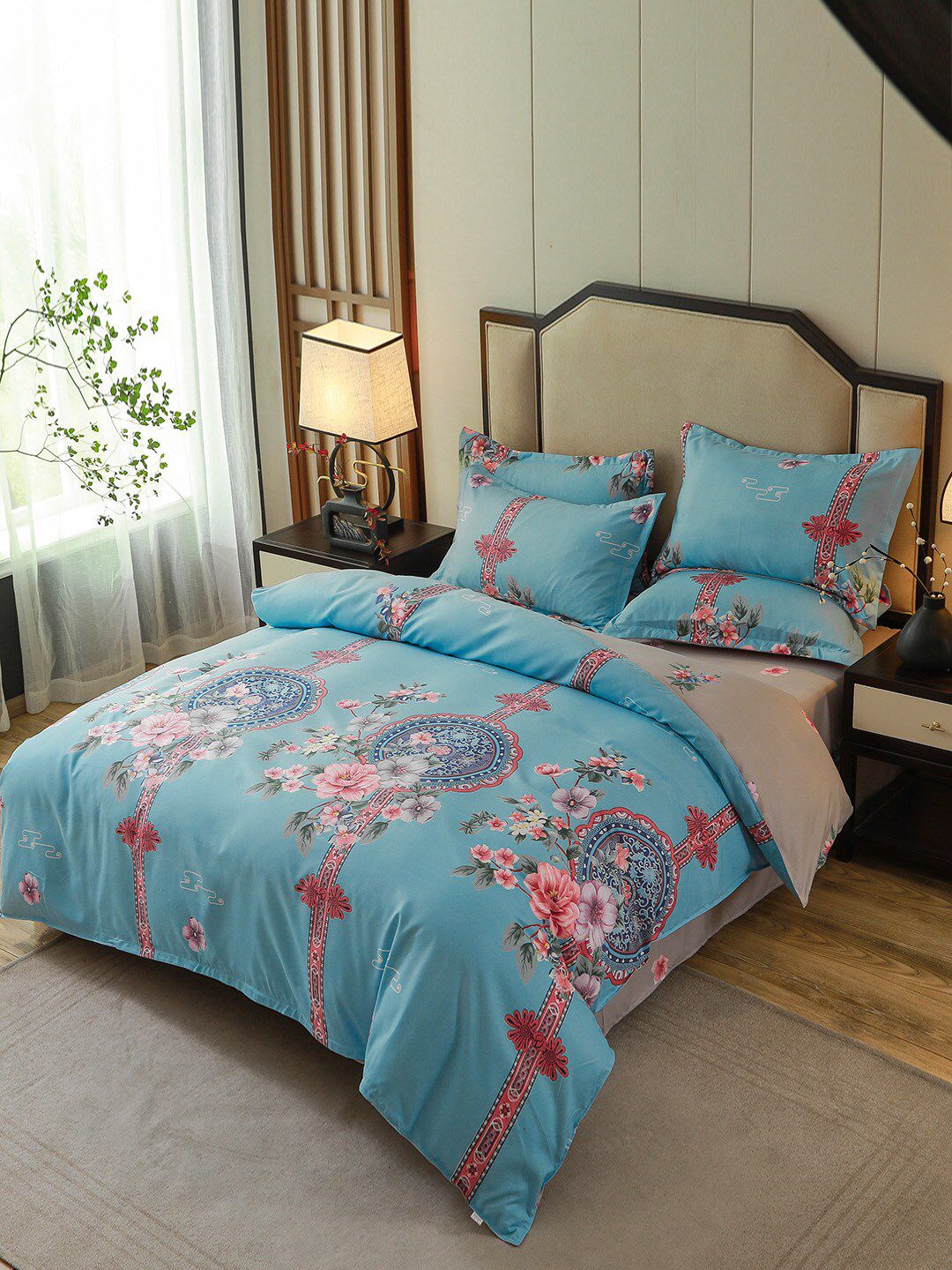 JC Collection Blue Printed Single Bedsheet With Pillow Cover & Quilt Cover Price in India