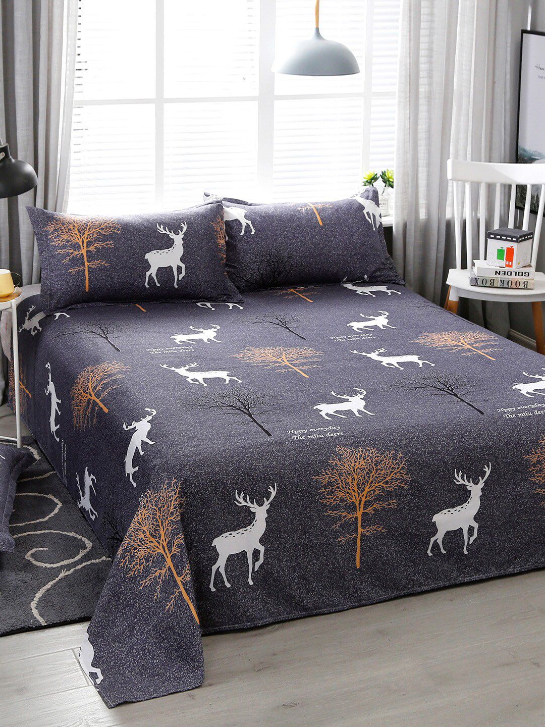 JC Collection Grey & Brown Printed King Size Bedding Set Price in India