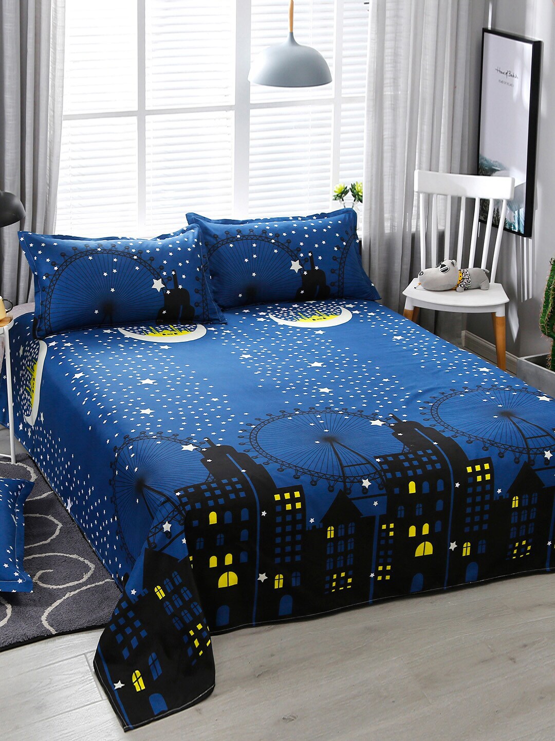 JC Collection Blue Printed Double Queen Size Bedding Set 2 With Pillow Cover & Quilt Cover Price in India