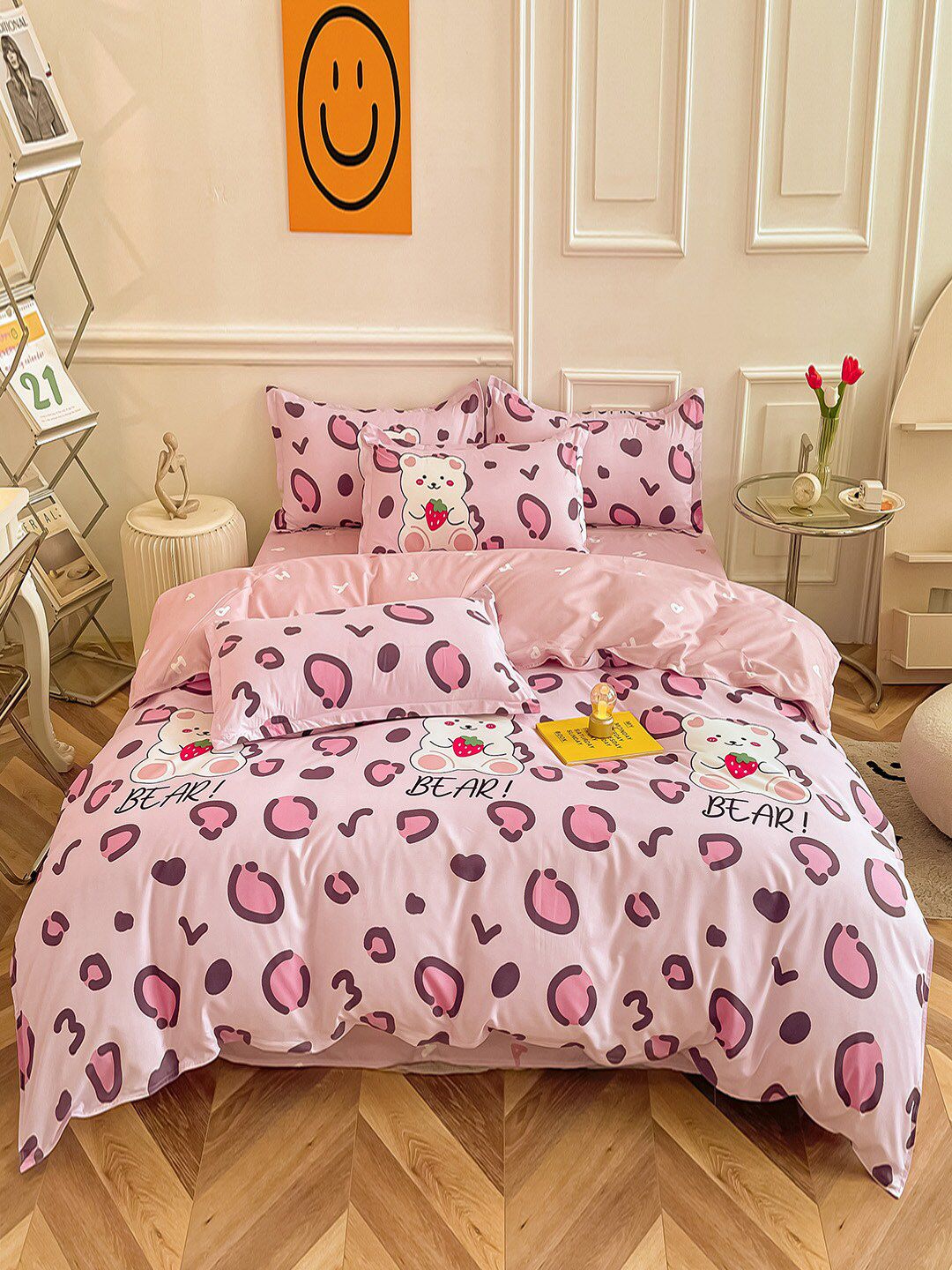 JC Collection Pink & White Printed Double King Bedding Set With Quilt Cover Price in India