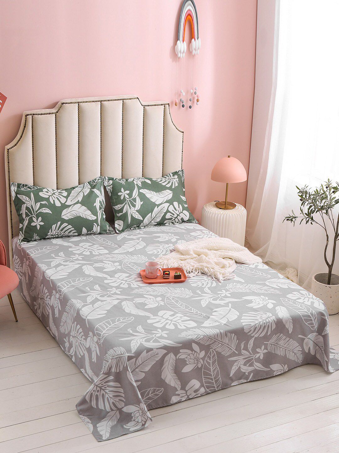 JC Collection Grey Floral Printed Double King Bedding Set Price in India