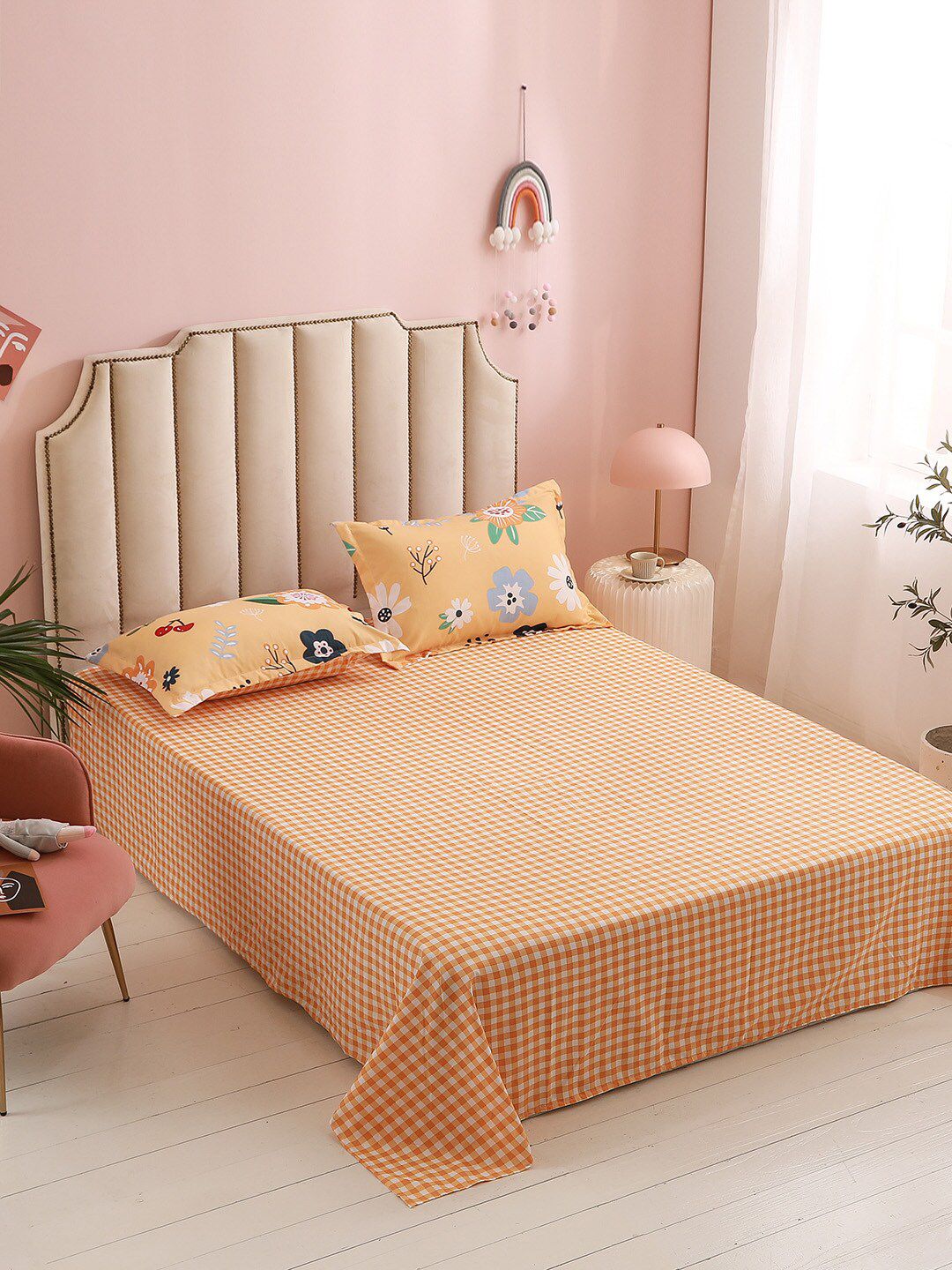 JC Collection Orange & White Printed Double Queen Bedding Set Price in India