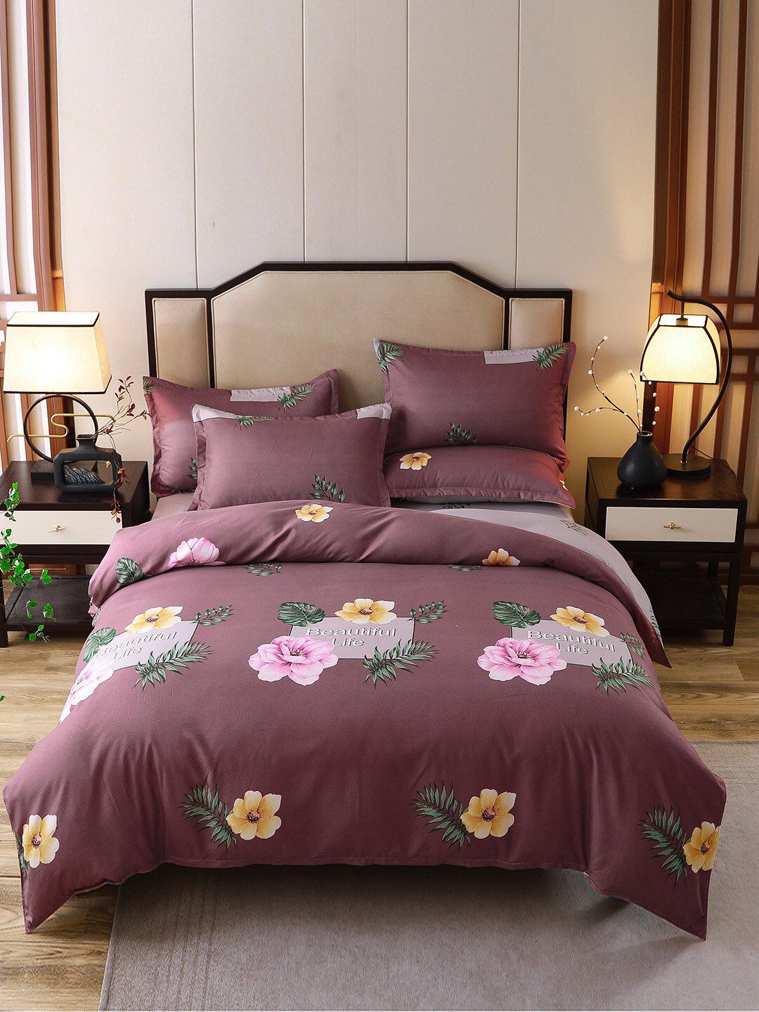 JC Collection Maroon & Cream Printed Double Queen Bedding Set With 2 Pillow Covers & Quilt Cover Price in India