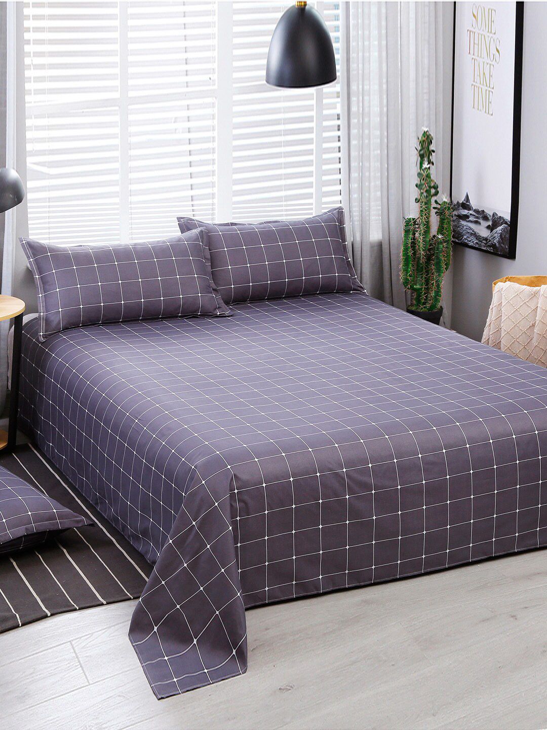 JC Collection Grey Checked Double King Bedding with 2 Pillow Covers & 1 Quilt Cover Price in India