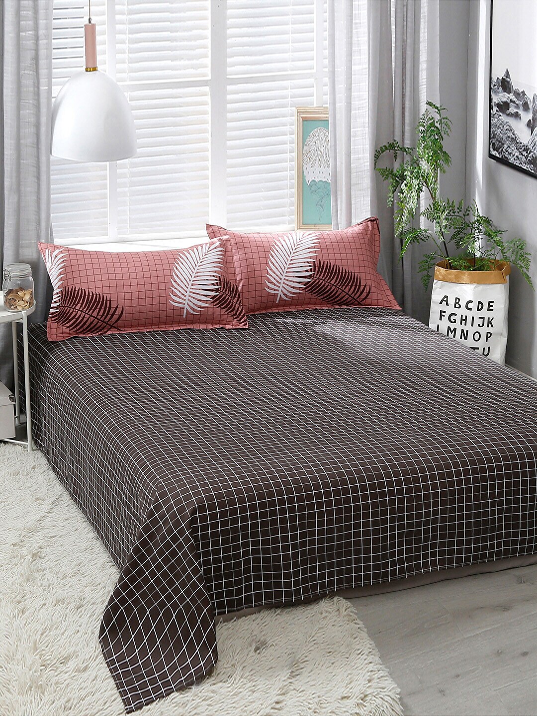 JC Collection Pink & Brown Checked Single Bedding Set with 1 Pillow Covers & 1 Quilt Cover Price in India