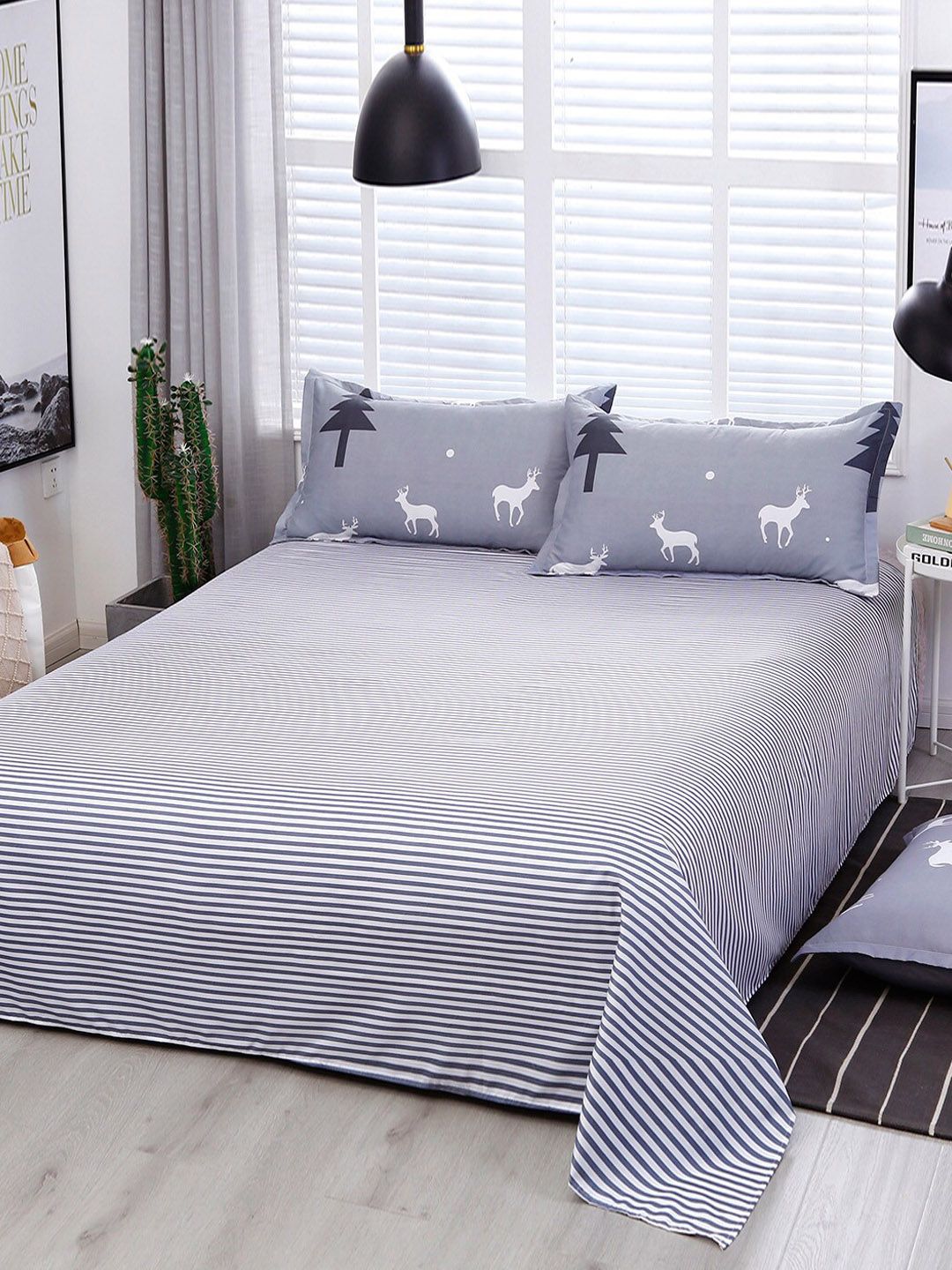 JC Collection Grey & White Striped Single Bedding Set With Quilt Cover Price in India