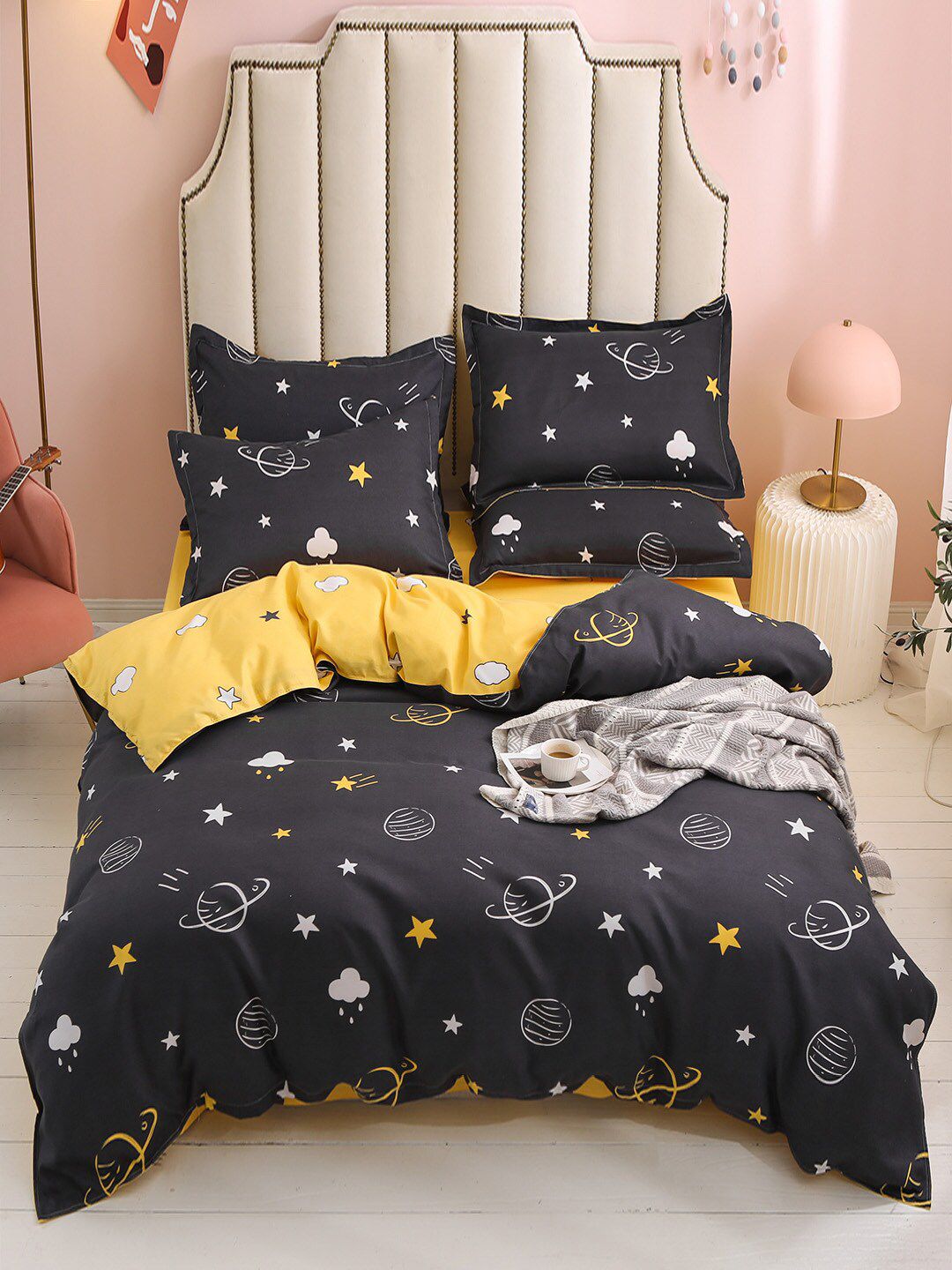 JC Collection Black & Yellow Printed Single Bedding Set With Quilt Cover Price in India