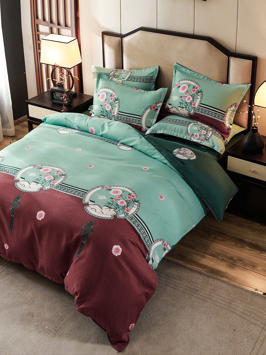 JC Collection Green & Brown Self Design Double Queen Bedding Set Price in India