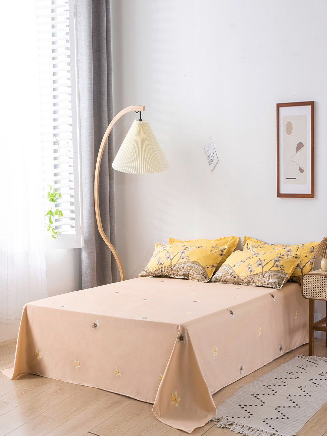 JC Collection Yellow & Beige Printed Double King Bedding Set Price in India