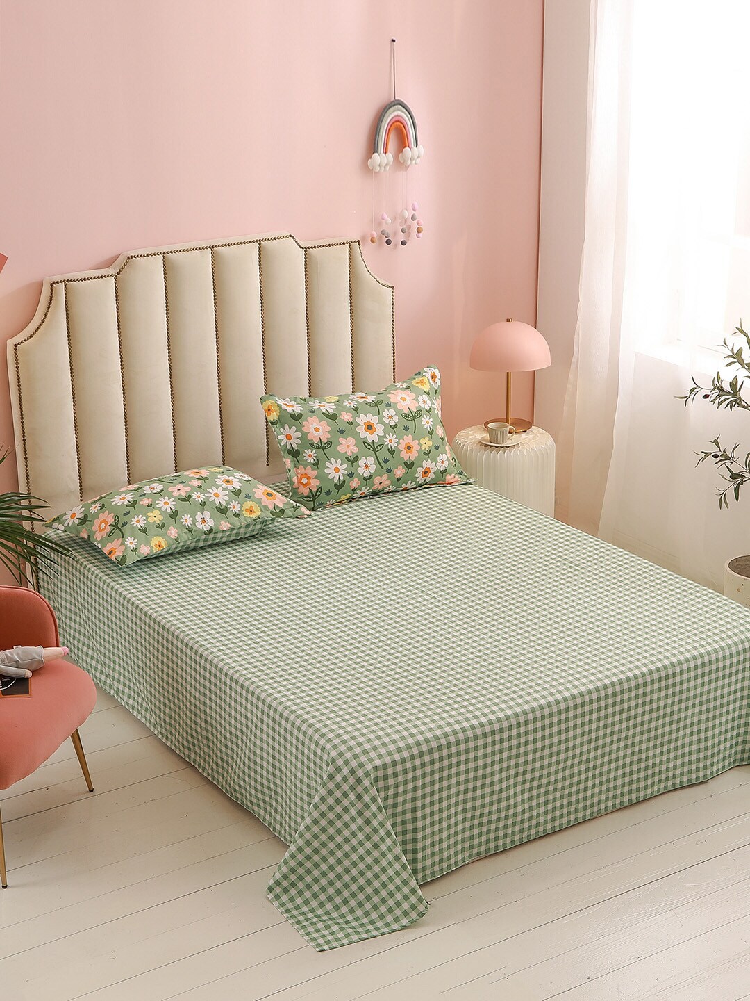JC Collection Green & White Checked Double Queen Bedding Set Price in India