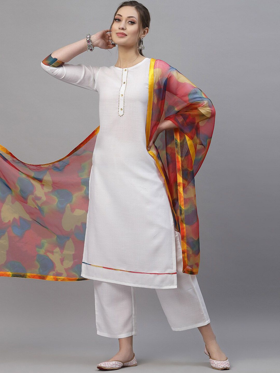 KALINI Women White & Pink Kurta with Trousers & With Dupatta Price in India