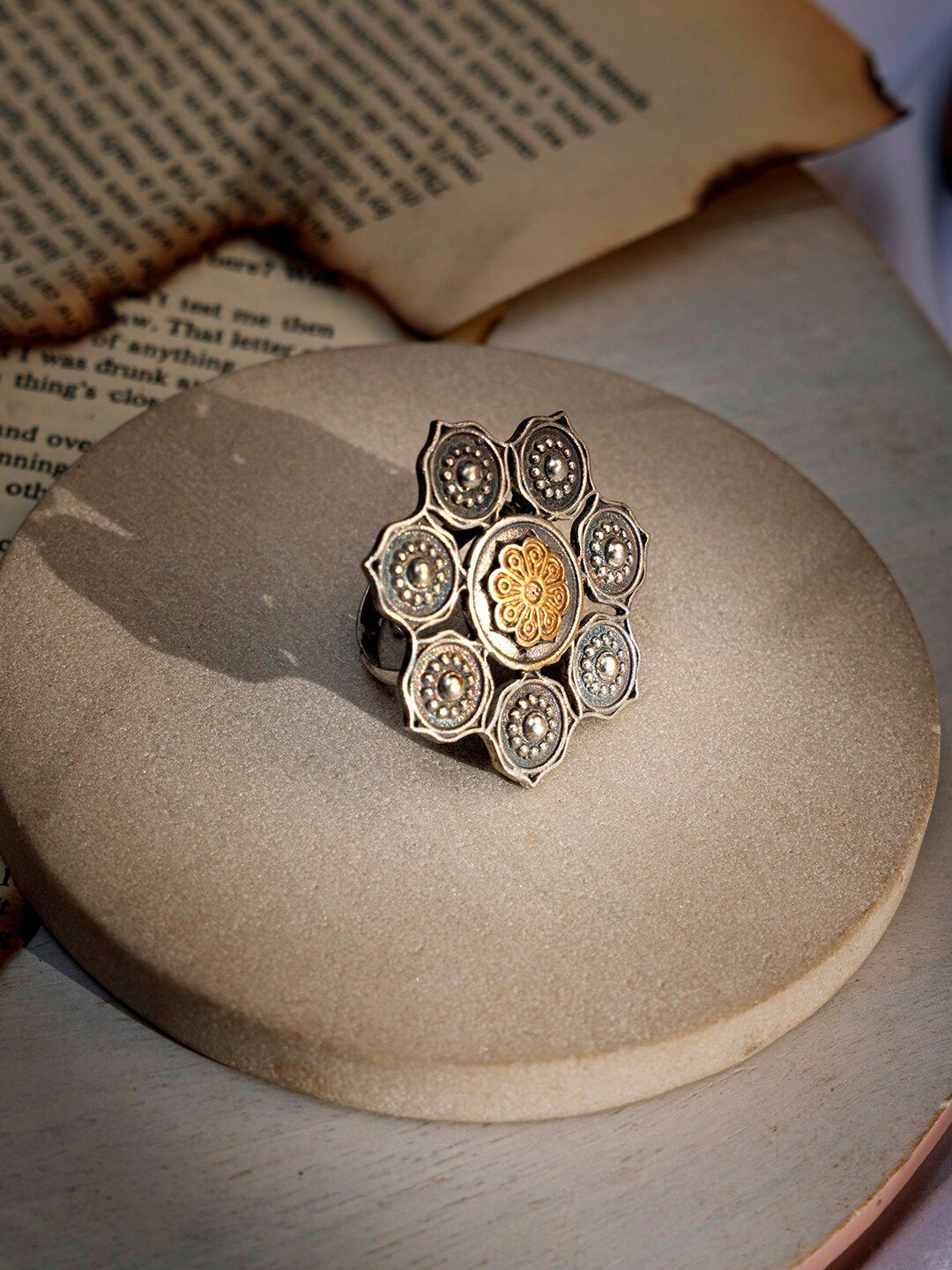 INDYA Silver-Plated Oxidized Floral Finger Ring Price in India