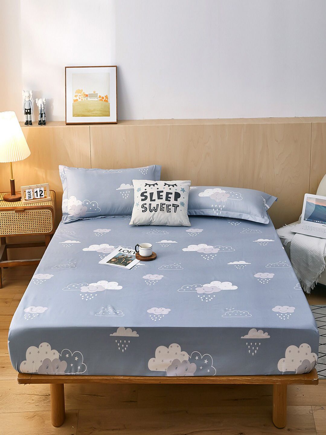 JC Collection Grey & White Cartoon Characters 160 TC Single Bedsheet with 1 Pillow Covers Price in India