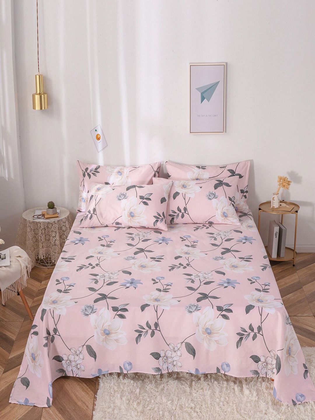 JC Collection Pink & Grey Floral 200 TC Single Bedsheet with 2 Pillow Covers Price in India