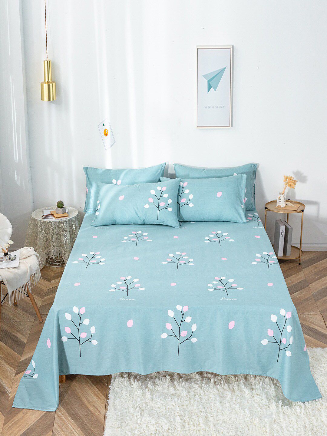 JC Collection Turquoise Blue & White 200 TC Single Floral Cotton Bedsheet Price in India