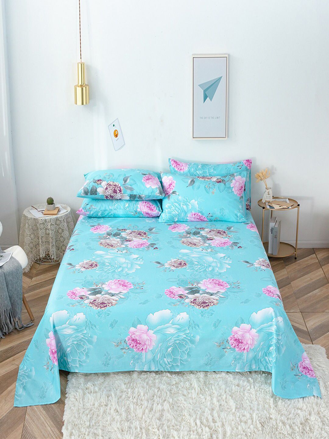 JC Collection Blue & Pink Floral 200 TC Cotton Single Bedsheet Price in India