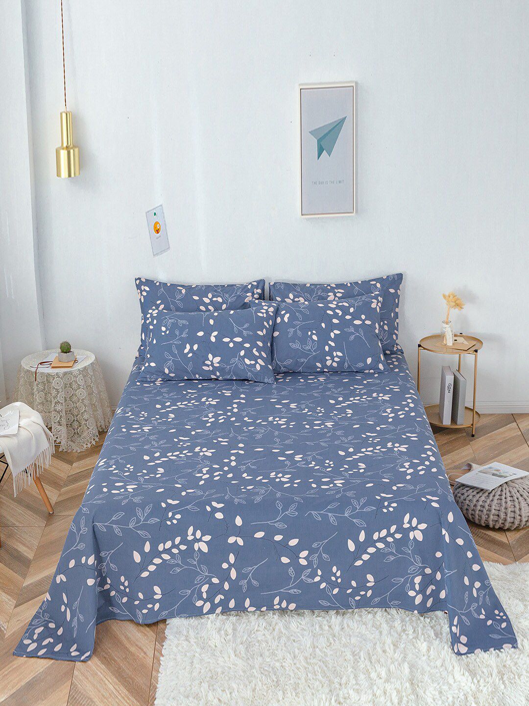 JC Collection Navy Blue & White Floral 200 TC King Bedsheet with 2 Pillow Covers Price in India