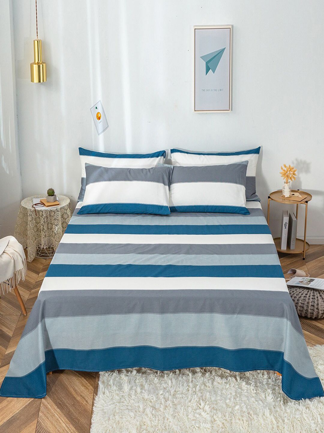 JC Collection Blue & White Striped 200 TC King Bedsheet Price in India