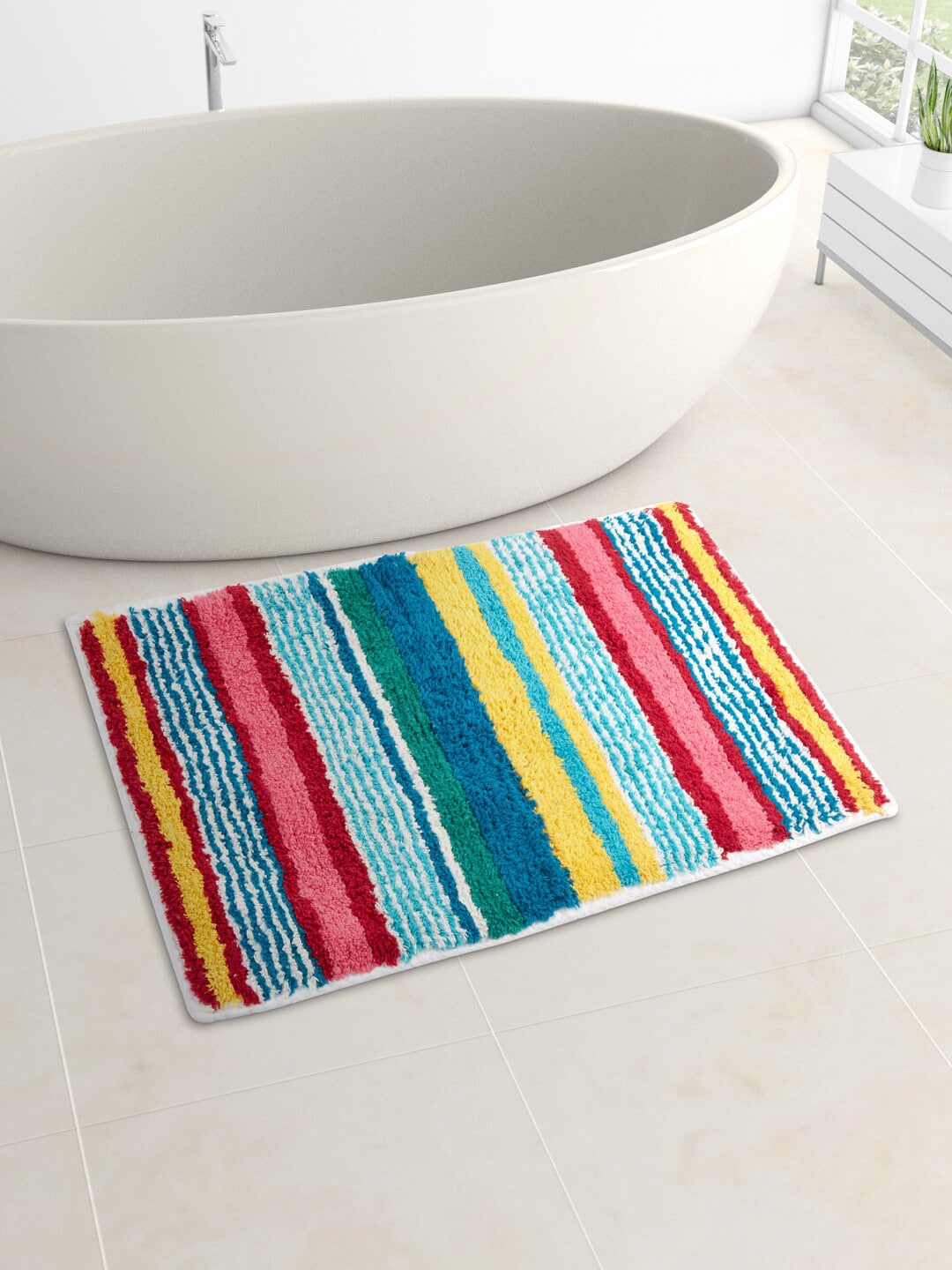Living scapes by Pantaloons Yellow & Blue Striped 1600 GSM Pure Cotton Bath Rugs Price in India