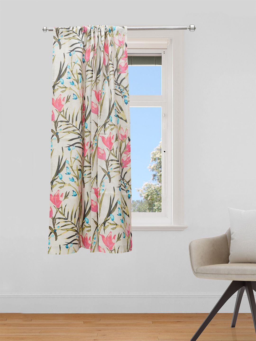 ZEBA Off White & Pink Floral Cotton Window Curtain Price in India