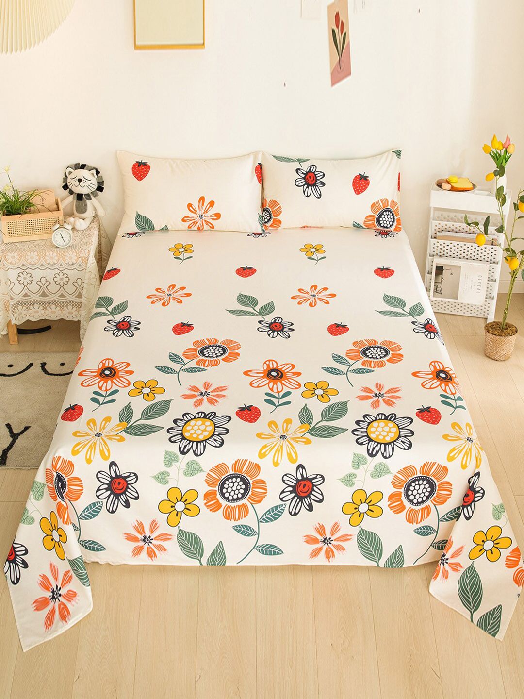 JC Collection Cream & Yellow Floral 200 TC Cotton Queen Bedsheet Price in India