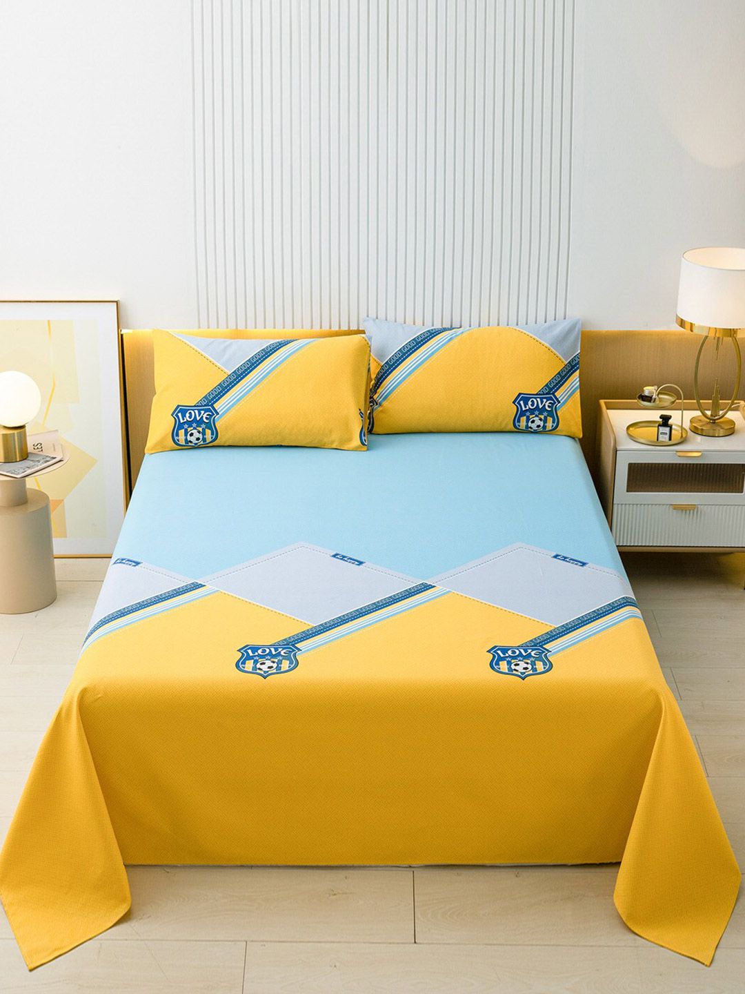 JC Collection Yellow & Blue Geometric 144 TC King Bedsheet with 2 Pillow Covers Price in India